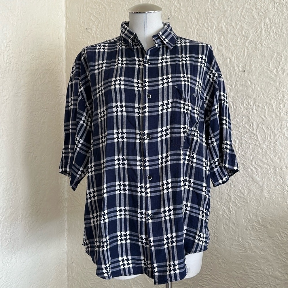 Vintage 90s Goouch Blue White Plaid Short Sleeve Button Down Shirt XL